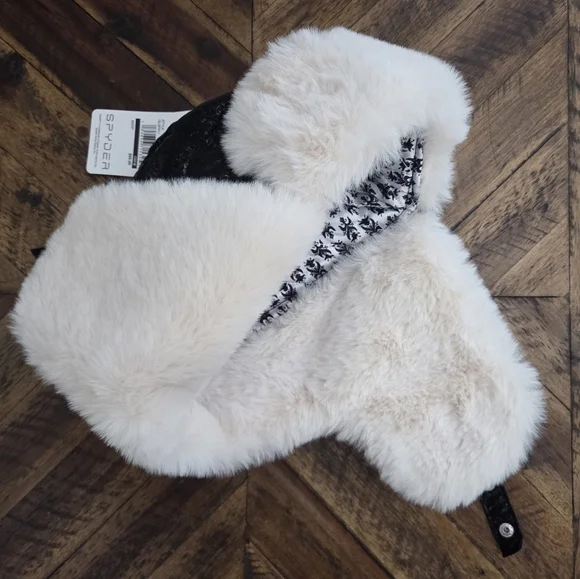 Spyder Women's Quilted Black and White Faux Fur Trapper Style Winter Hat - Picture 7 of 11